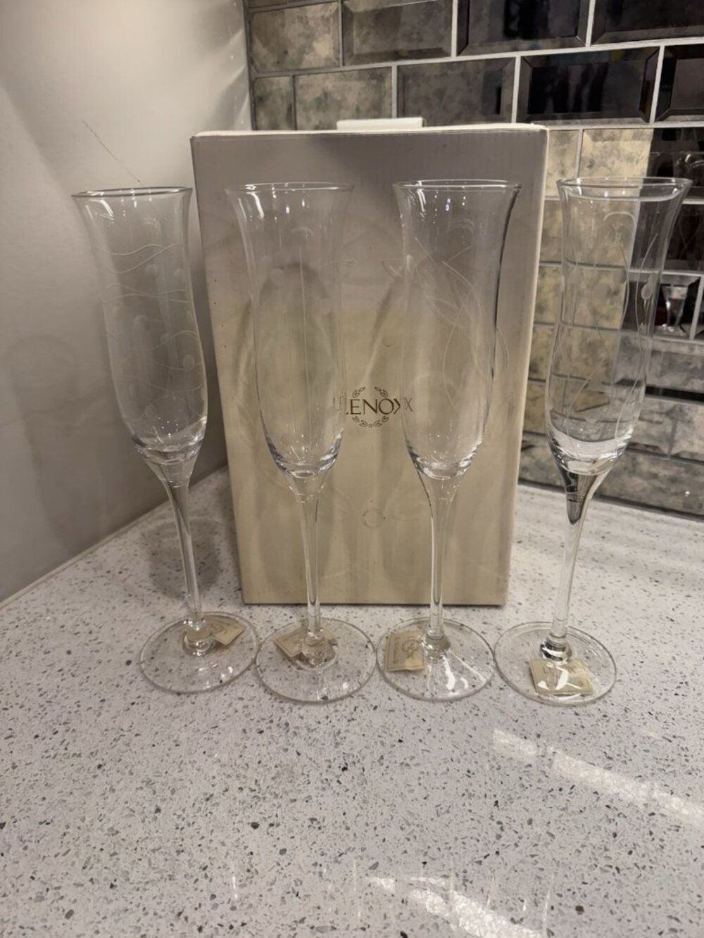 NEW Lenox Set Of 4 Crystal Assorted Graphics 11" Toasting Champagne Flute Glass